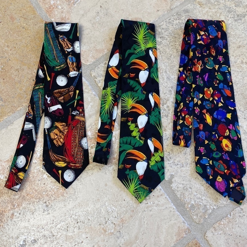 3 Addiction Silk Ties Men’s Novelty print Golf parrot fish Event Fun costume